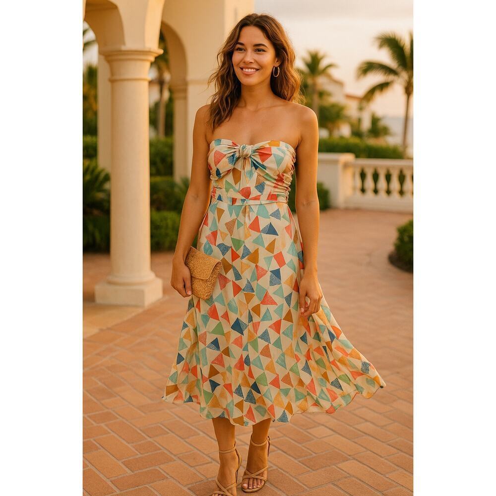 LaROK 100% Silk Midi Dress Women’s M Geometric Abstract Print Ruched Bow Front